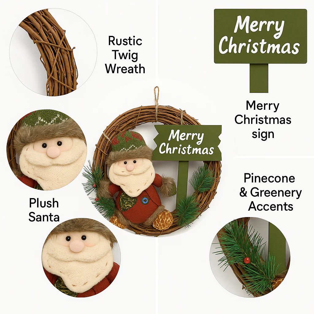 Coral Tree Rustic “Merry Christmas” Wreath with Santa Figurine – 38 cm Vine Ring with Wooden Sign & Pine Accents for Door and Wall Decoration - Image 4