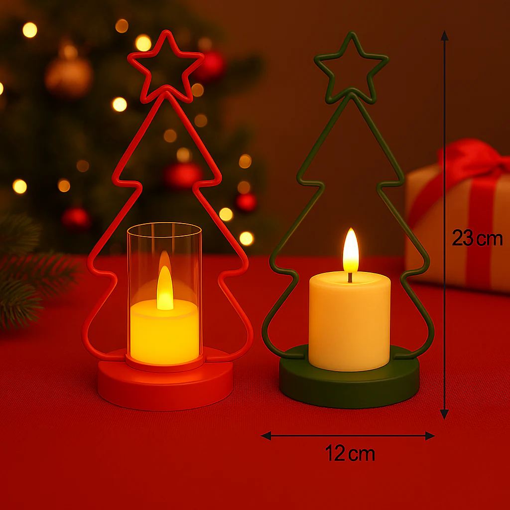 Coral Tree Set of 2 LED Christmas Tree Candle Holders – Red & Green Festive Lights - Image 6