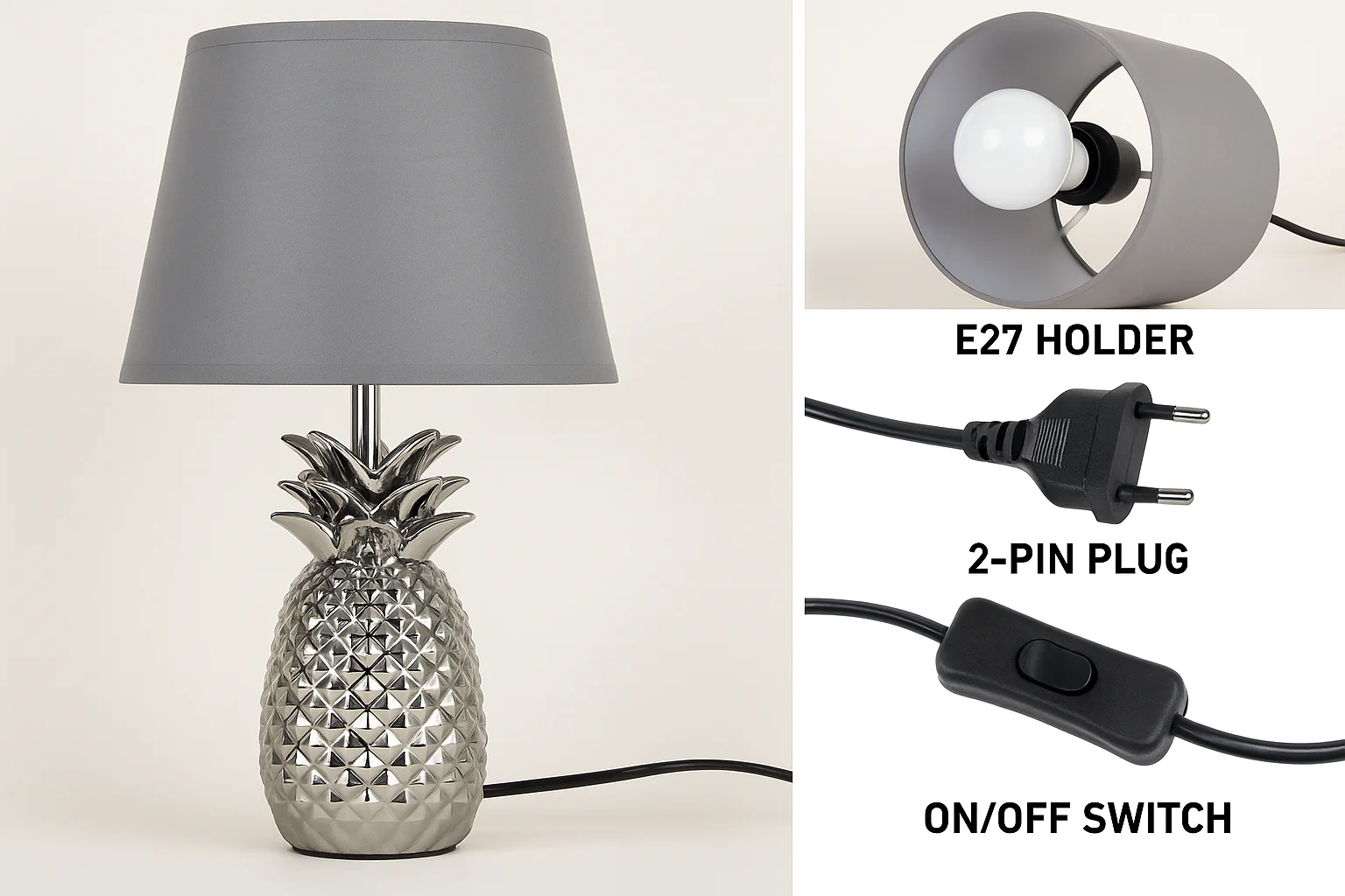 Coral Tree Silver Pineapple Table Lamp with Grey Fabric Shade - Image 3