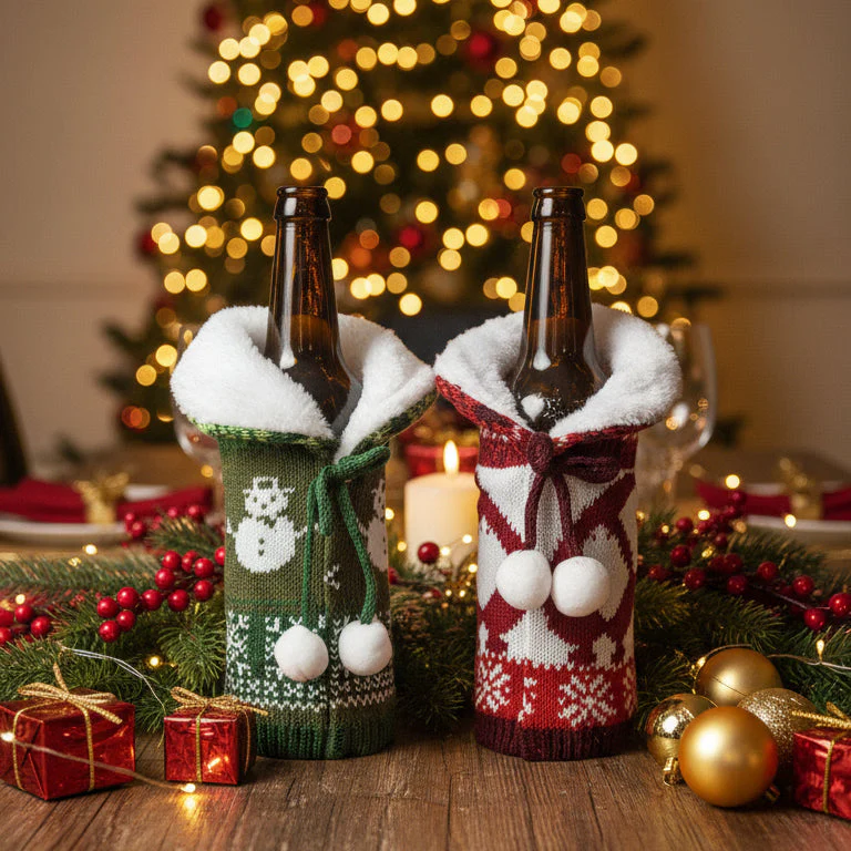 Coral Tree Woolen Christmas Wine Bottle Covers – Reindeer, Snowflake & Snowman - Image 6