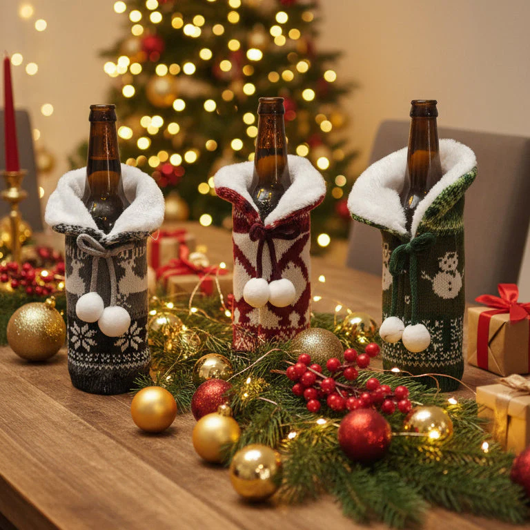 Coral Tree Woolen Christmas Wine Bottle Covers – Reindeer, Snowflake & Snowman - Image 9