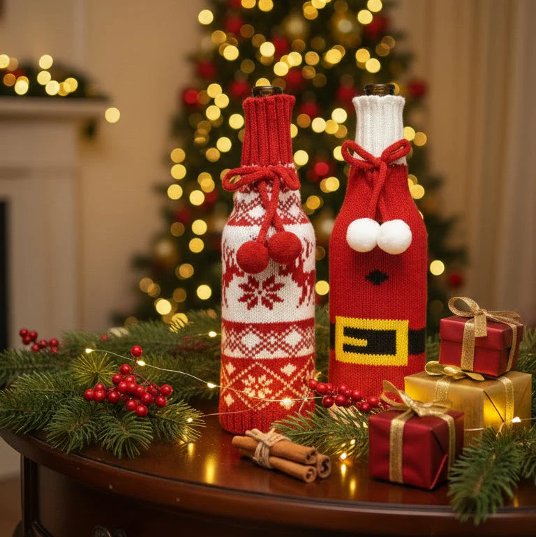 Coral Tree Woolen Christmas Wine Covers – Santa, Snowflake & Reindeer Design - Image 4