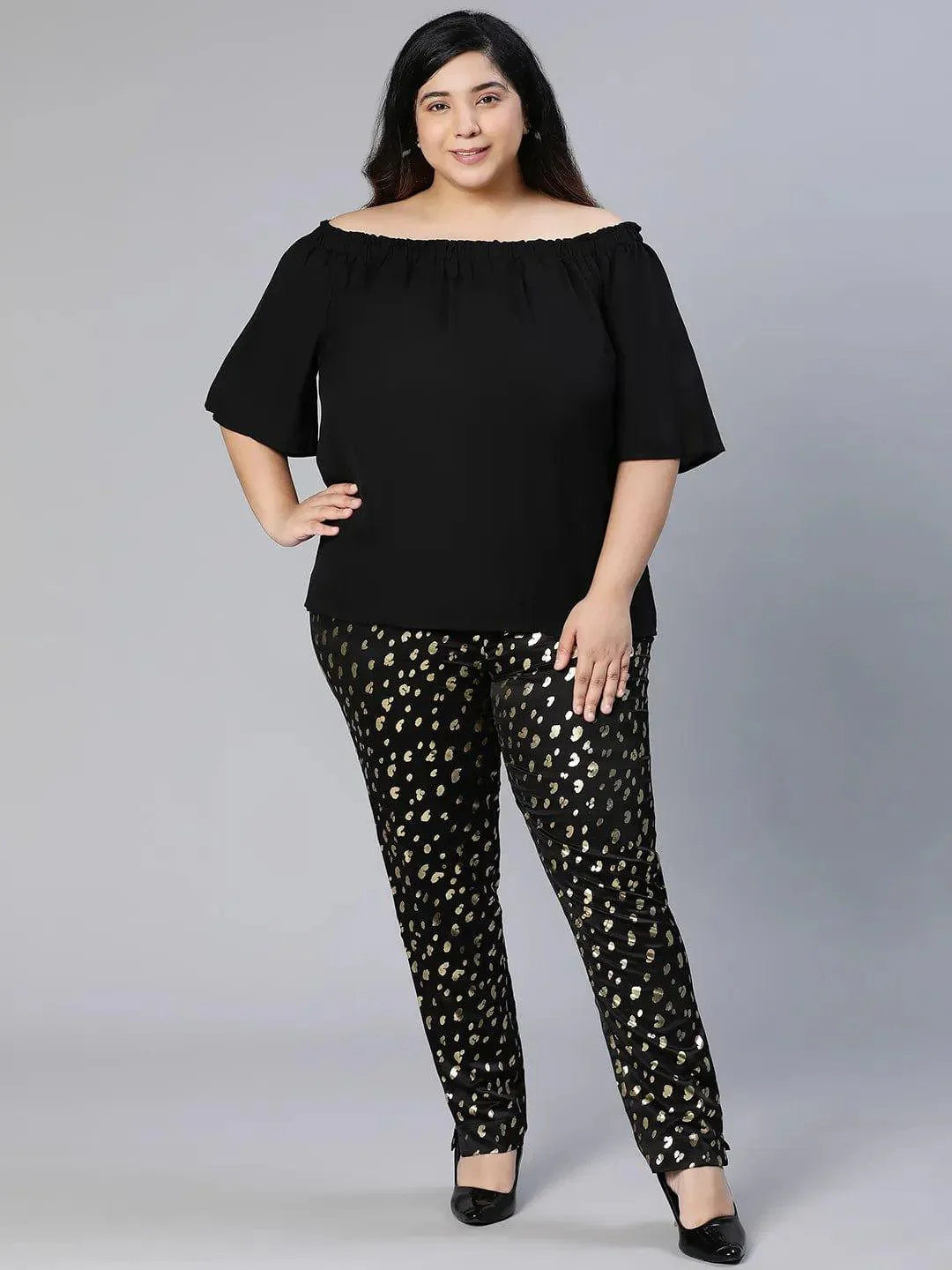 Core Black Foil Print Women Plus Size Pant - Image 2