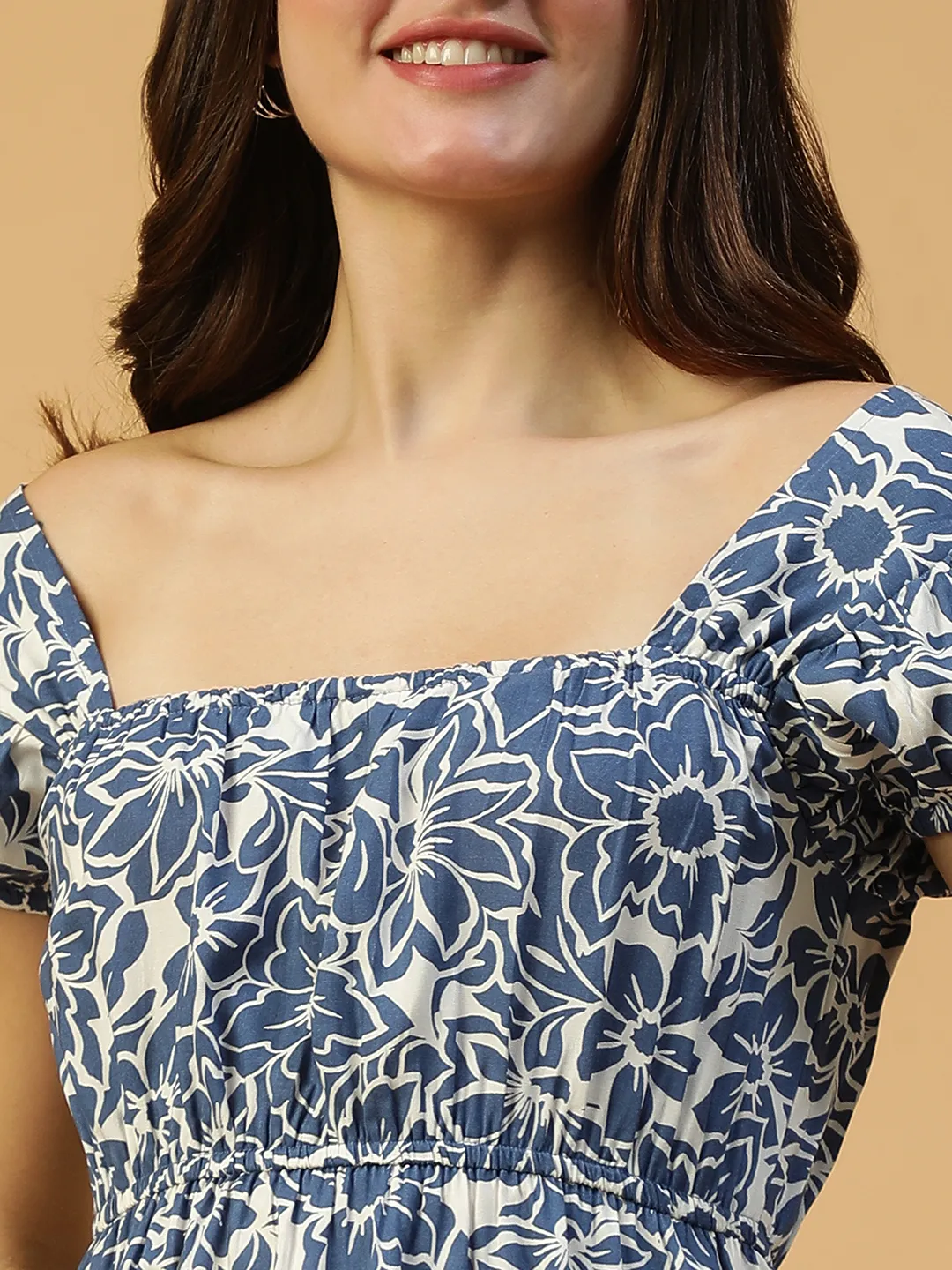 Core Navy Blue Floral Print Short Sleeve Elasticated Women midi dress - Image 3