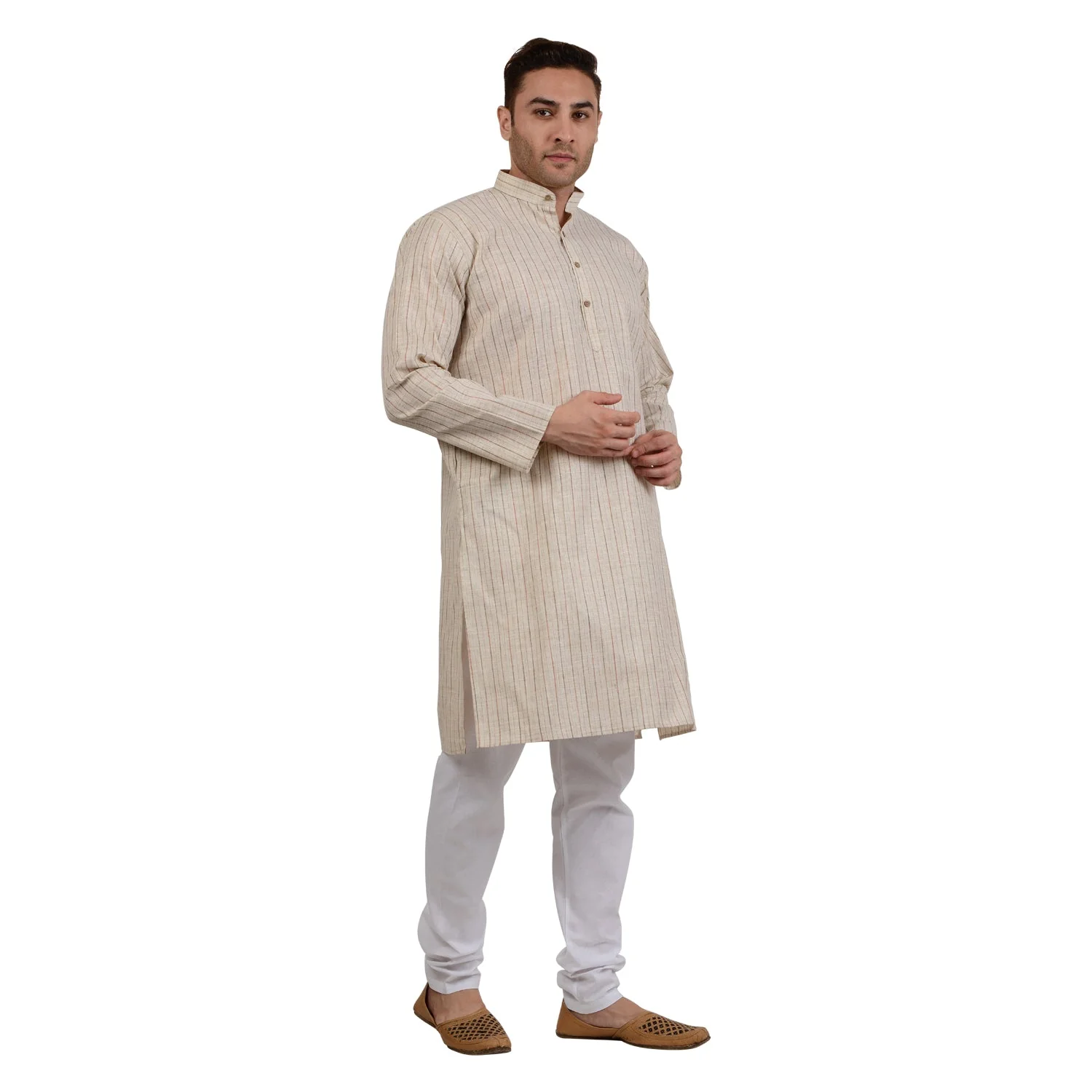 Cotton Linen Striped Kurta in Beige - Image 3