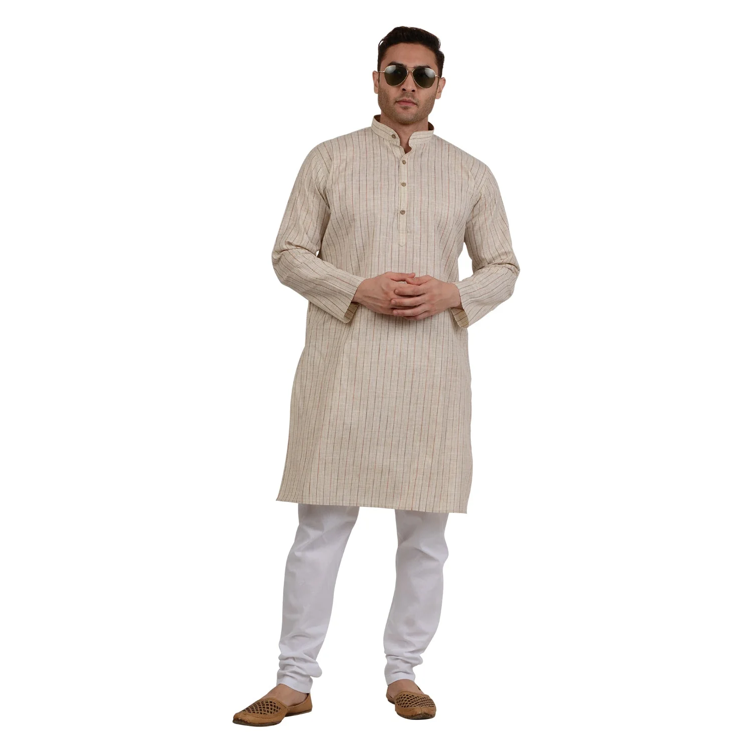 Cotton Linen Striped Kurta in Beige - Image 5