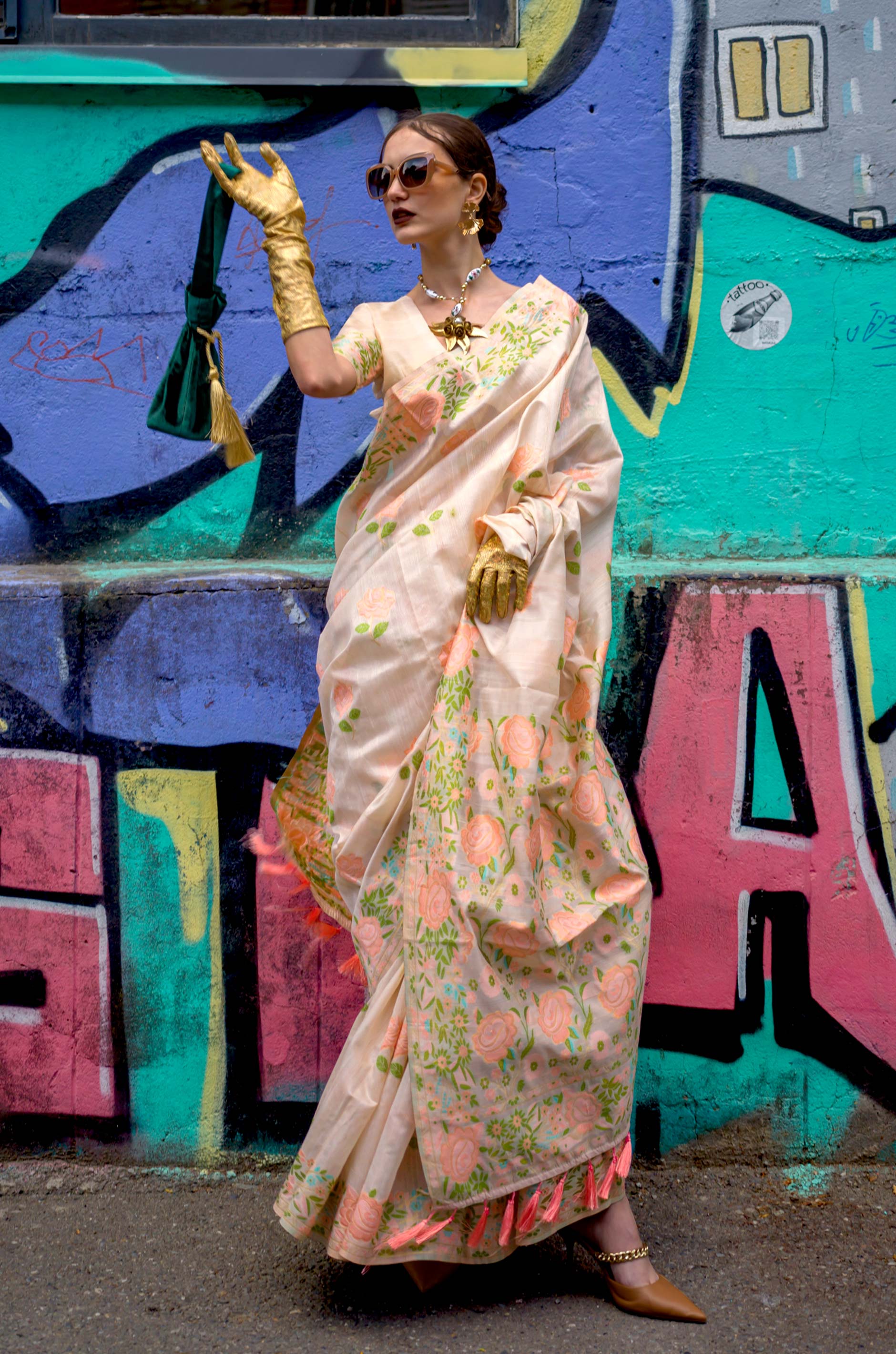 Cream Floral Parsi Woven Silk Saree
