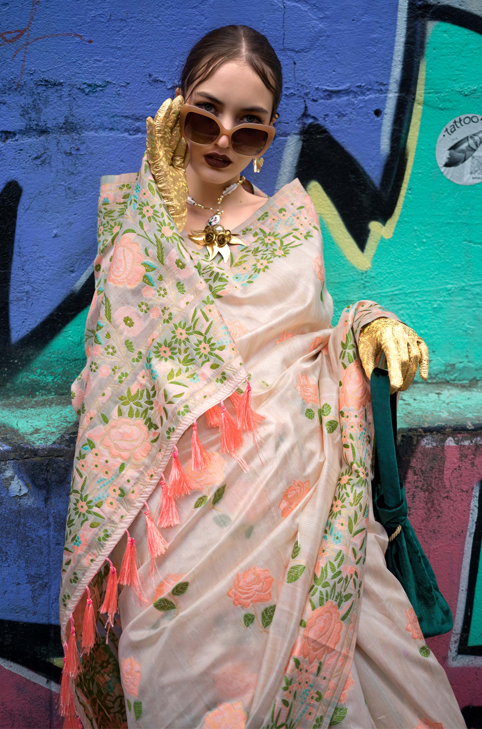 Cream Floral Parsi Woven Silk Saree - Image 2