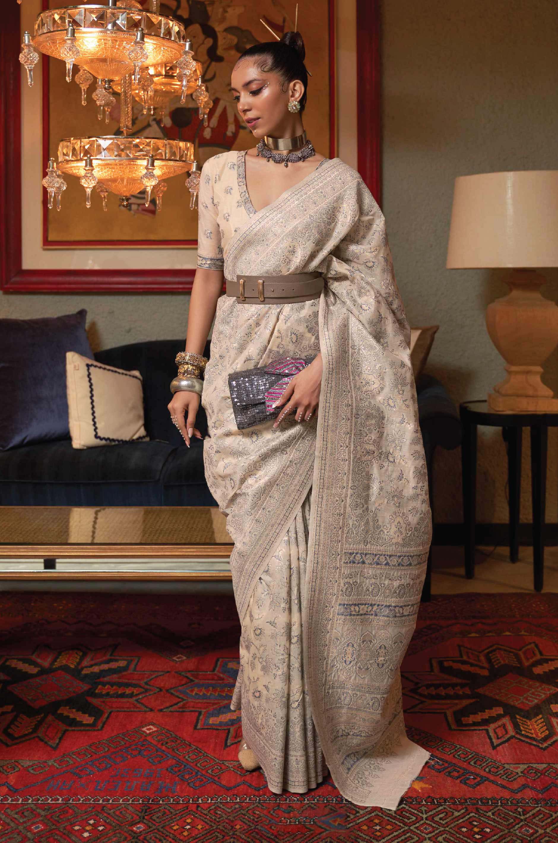 Cream Floral Woven Silk Saree