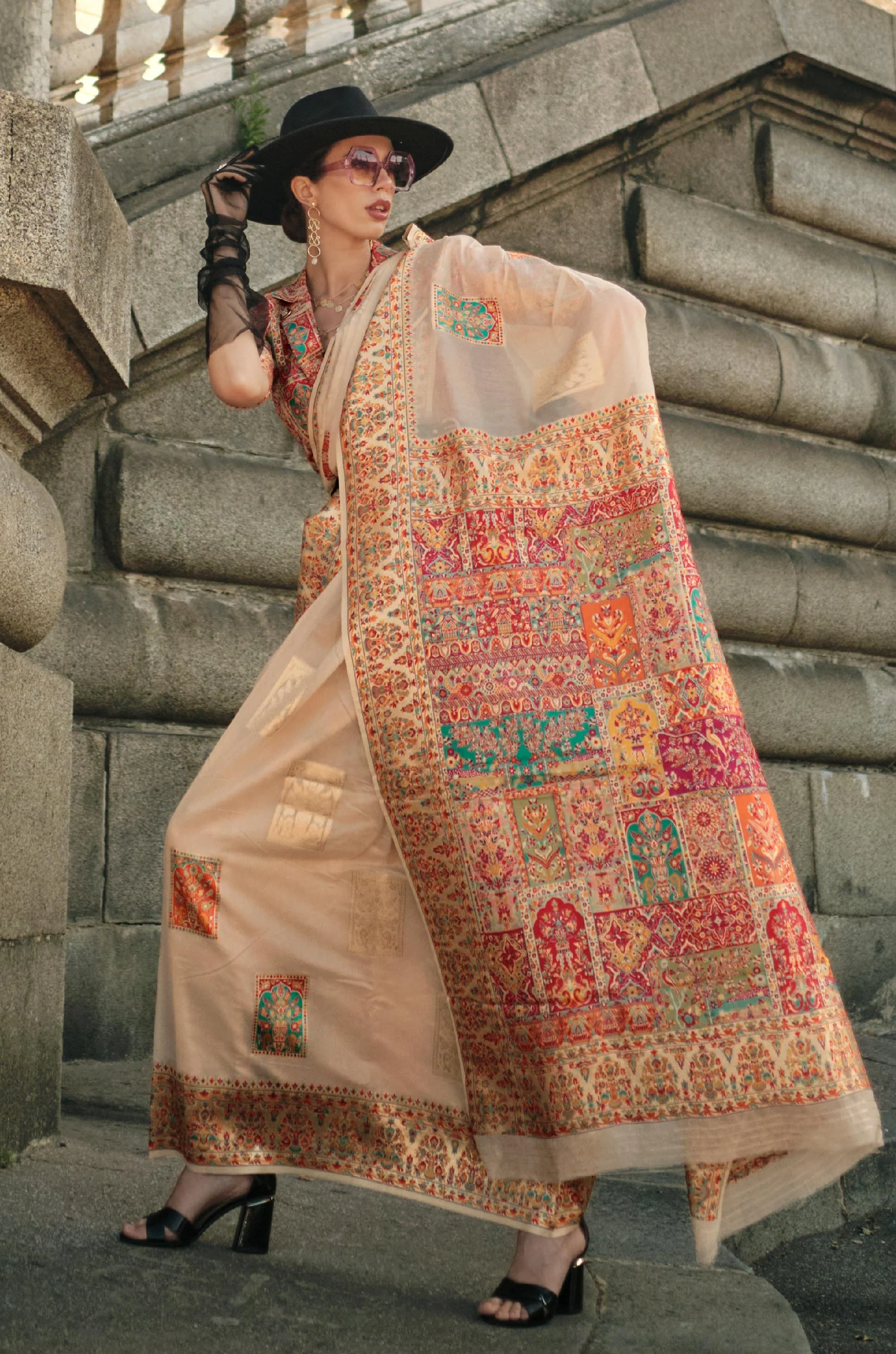 Cream Kashmiri Modal Silk Saree