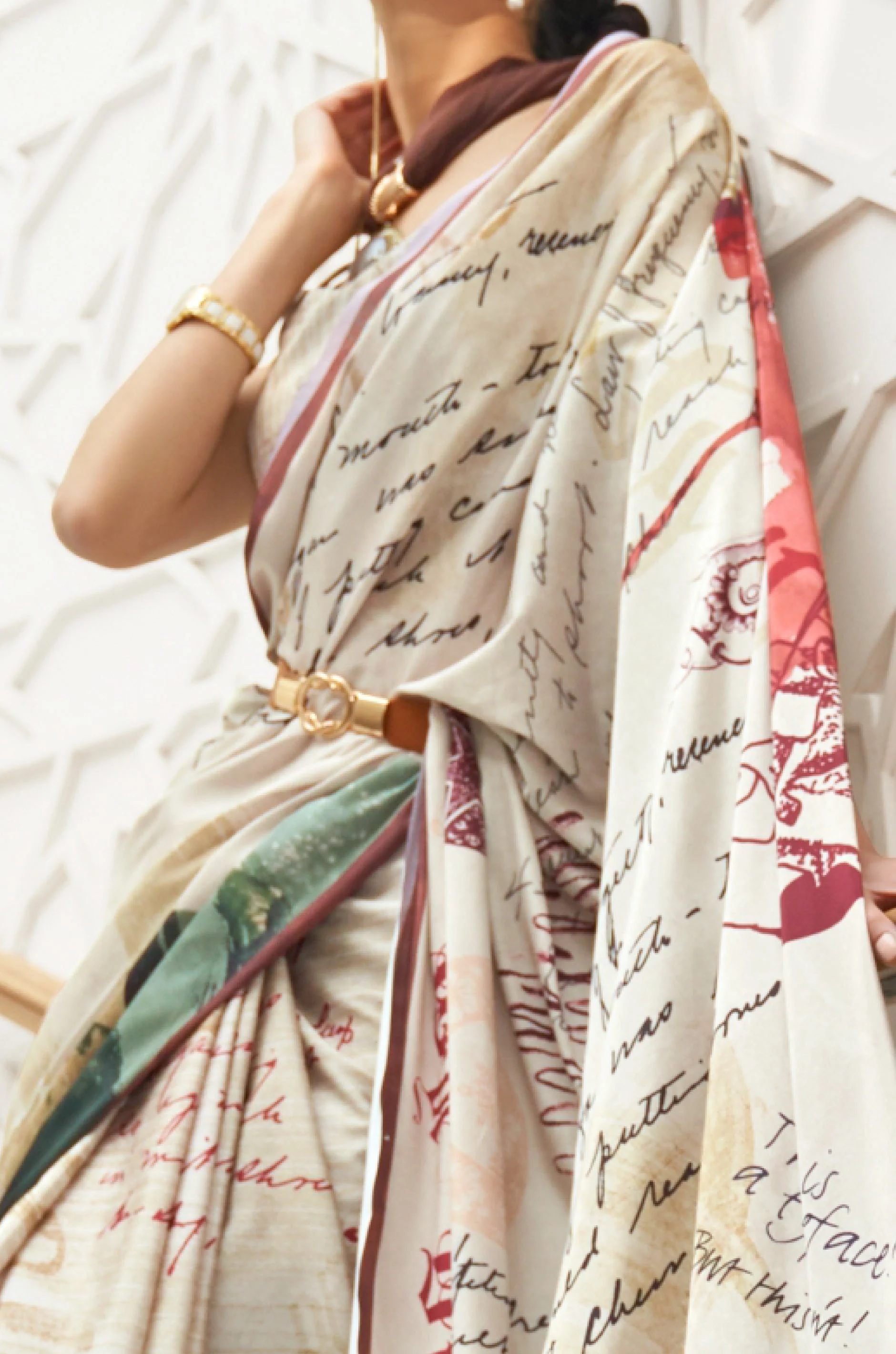Cream Multicolour Satin Crepe Saree - Image 3