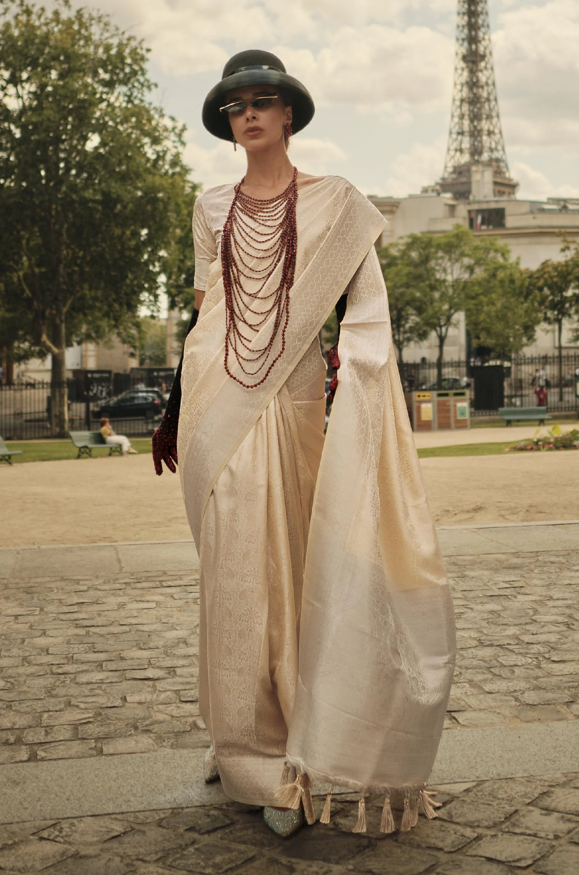 Cream Pure Satin Woven Silk Saree