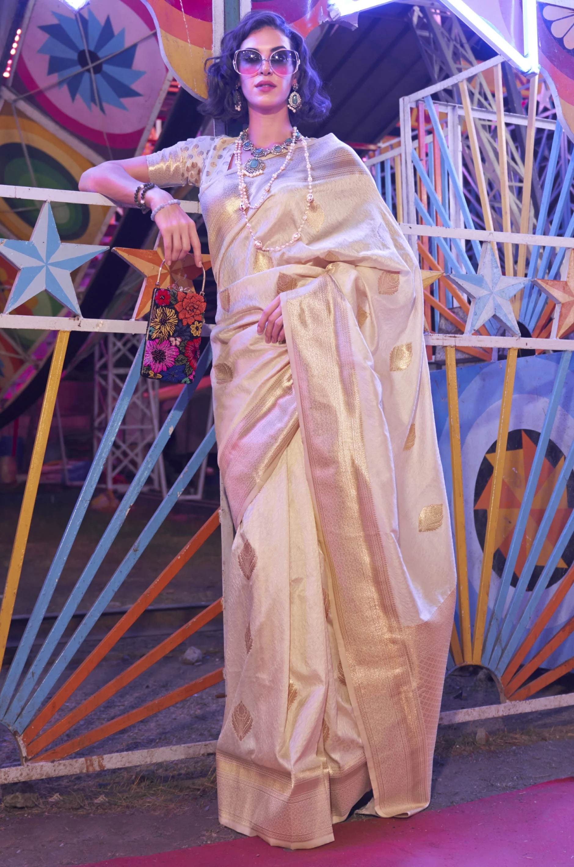 Cream Woven Silk Saree