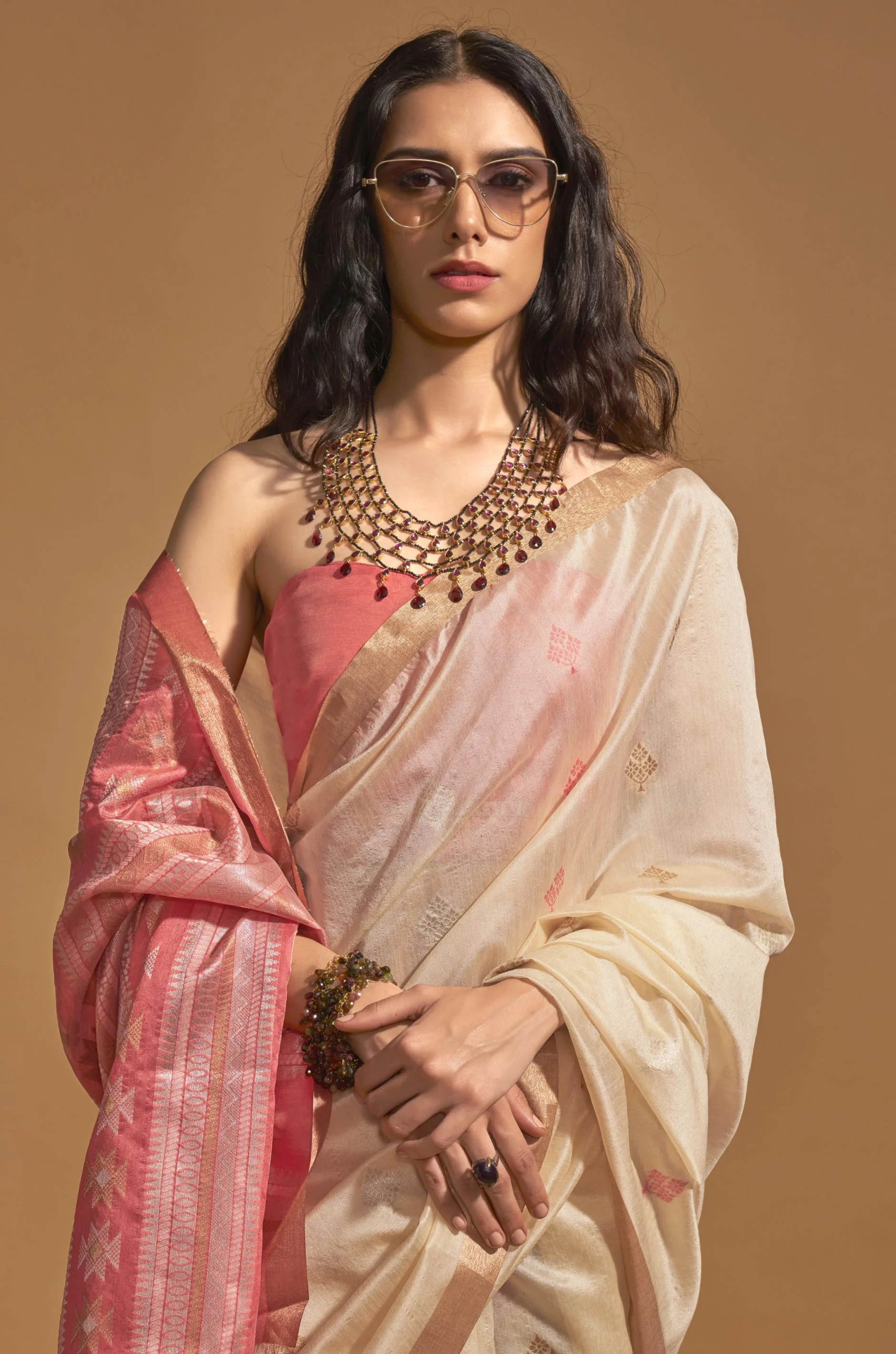Cream Woven Silk Saree - Image 2