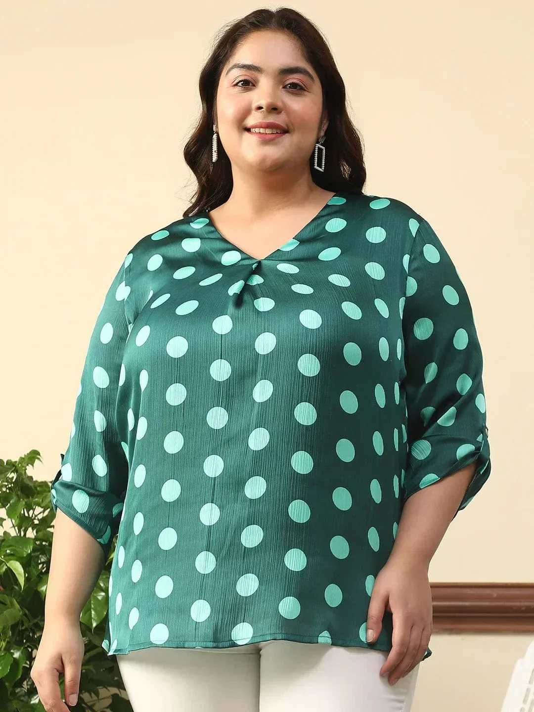 Creative Green Satin Chiffon Polka Dot Print Plus Size Women Top With Long Sleeves And Pleated Detailing. - Image 2