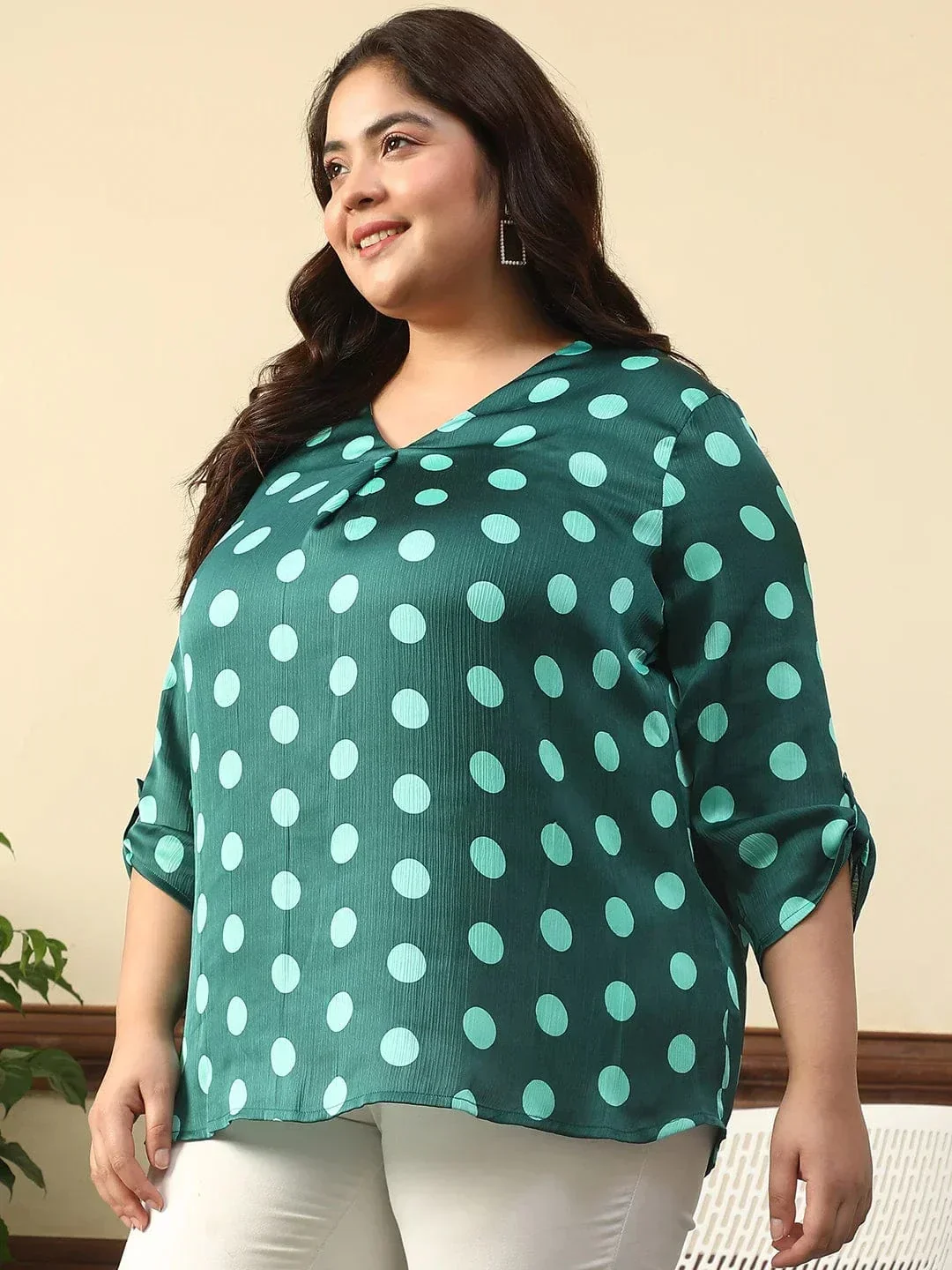 Creative Green Satin Chiffon Polka Dot Print Plus Size Women Top With Long Sleeves And Pleated Detailing. - Image 3