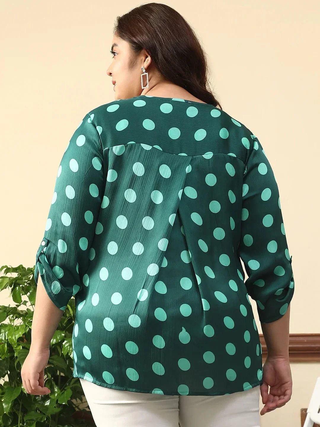 Creative Green Satin Chiffon Polka Dot Print Plus Size Women Top With Long Sleeves And Pleated Detailing. - Image 5