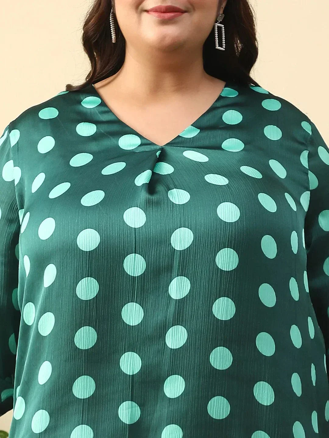 Creative Green Satin Chiffon Polka Dot Print Plus Size Women Top With Long Sleeves And Pleated Detailing. - Image 6