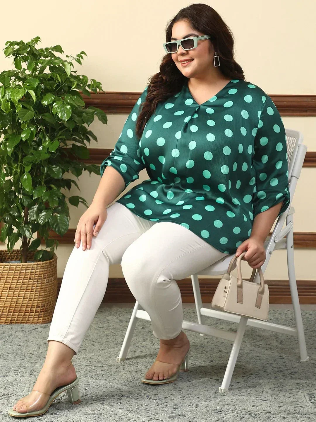 Creative Green Satin Chiffon Polka Dot Print Plus Size Women Top With Long Sleeves And Pleated Detailing. - Image 8