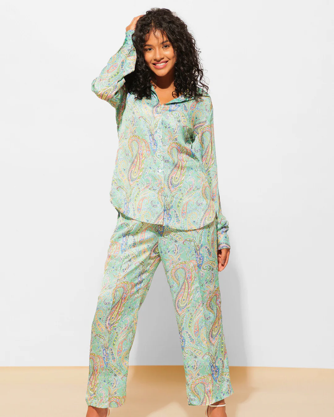Crepe Printed Satin Shirt with High Waist 2 Piece Coord Set - Image 9