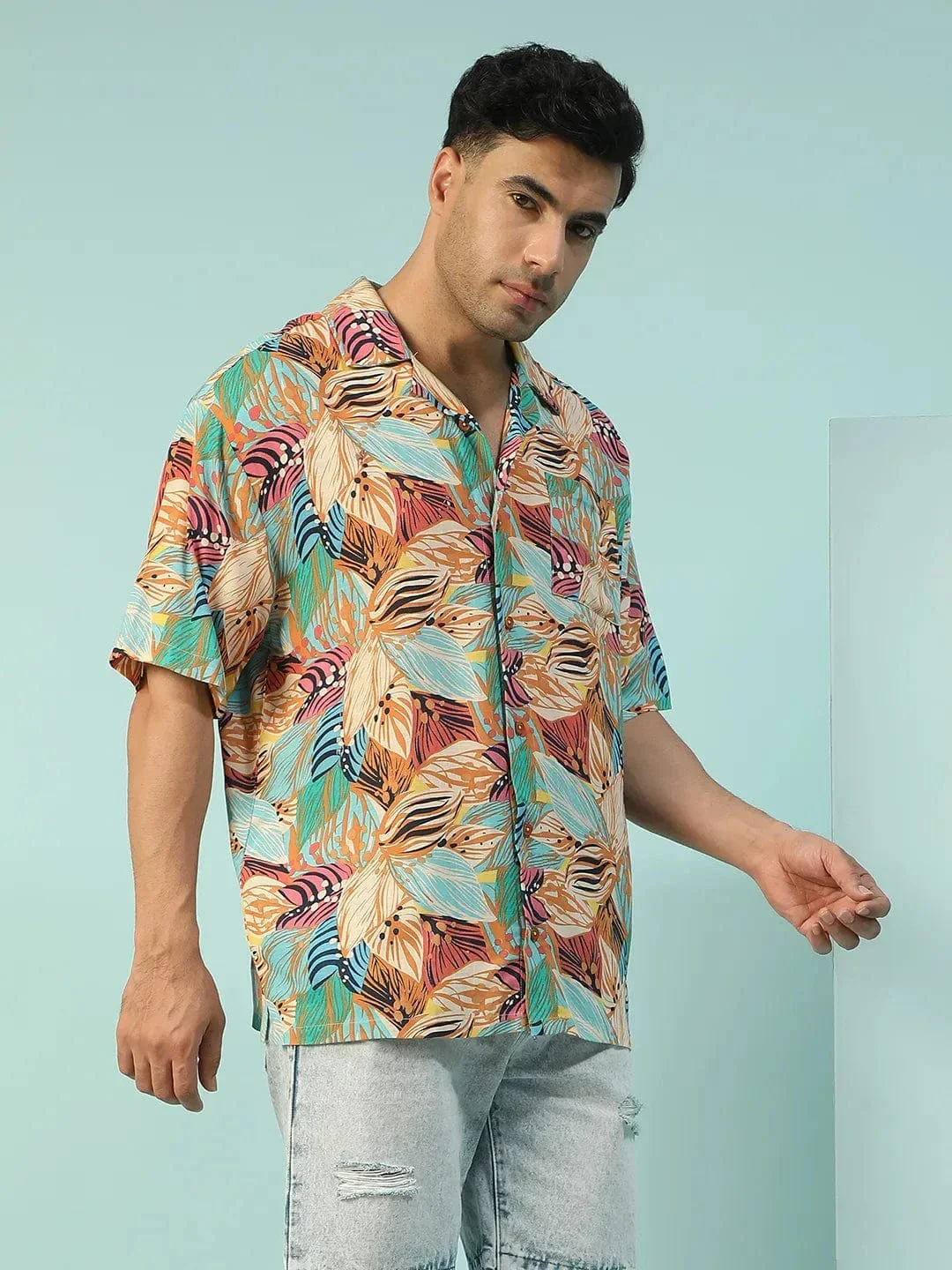 Crisp Tropical Print Multicolor Lapel Collar Short Sleeve Oversized Men Shirt - Image 2