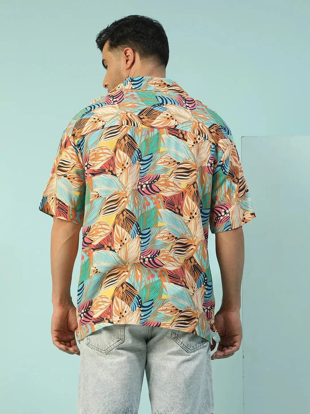 Crisp Tropical Print Multicolor Lapel Collar Short Sleeve Oversized Men Shirt - Image 6