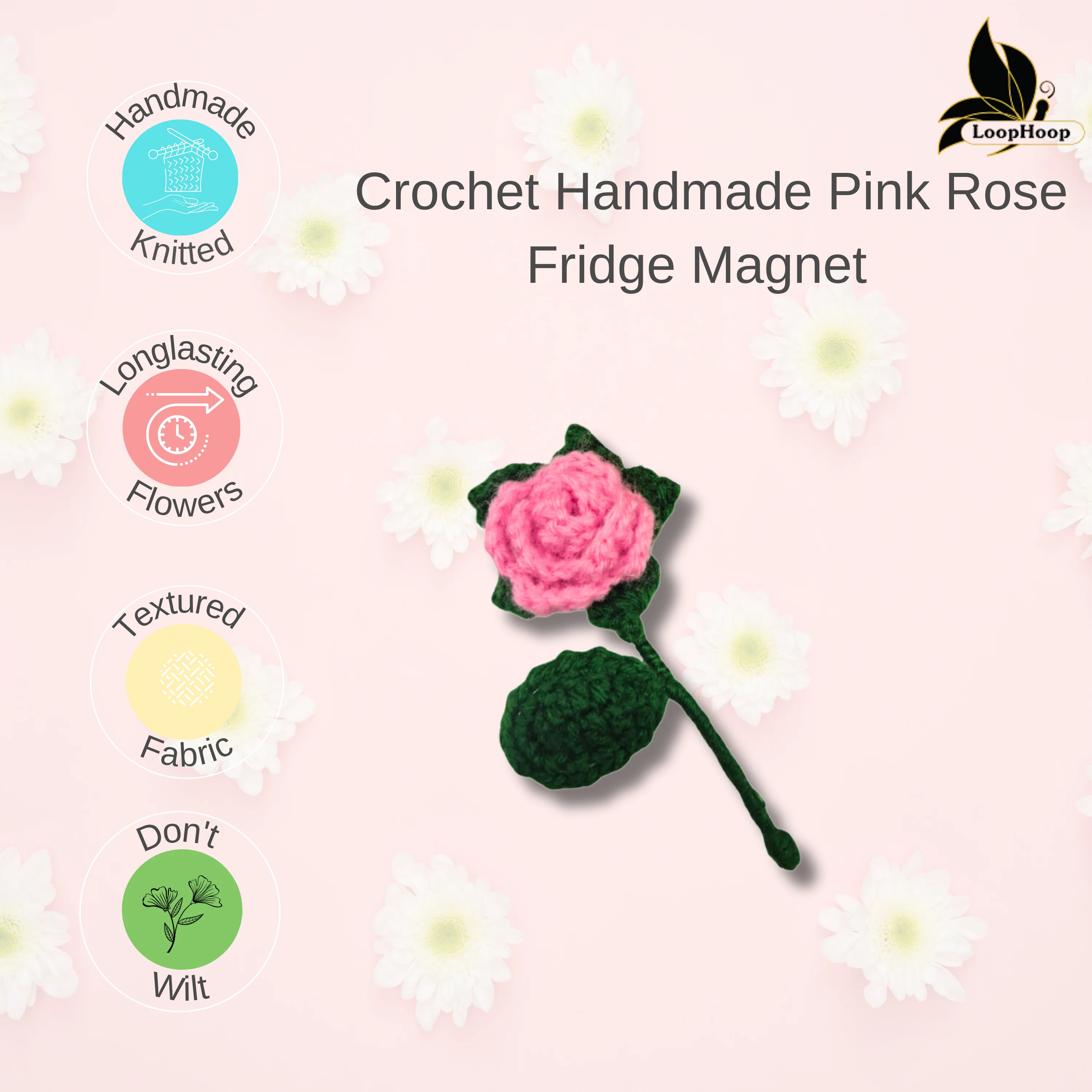Crochet Handmade Pink Rose Fridge magnet (1 steam) - Image 2