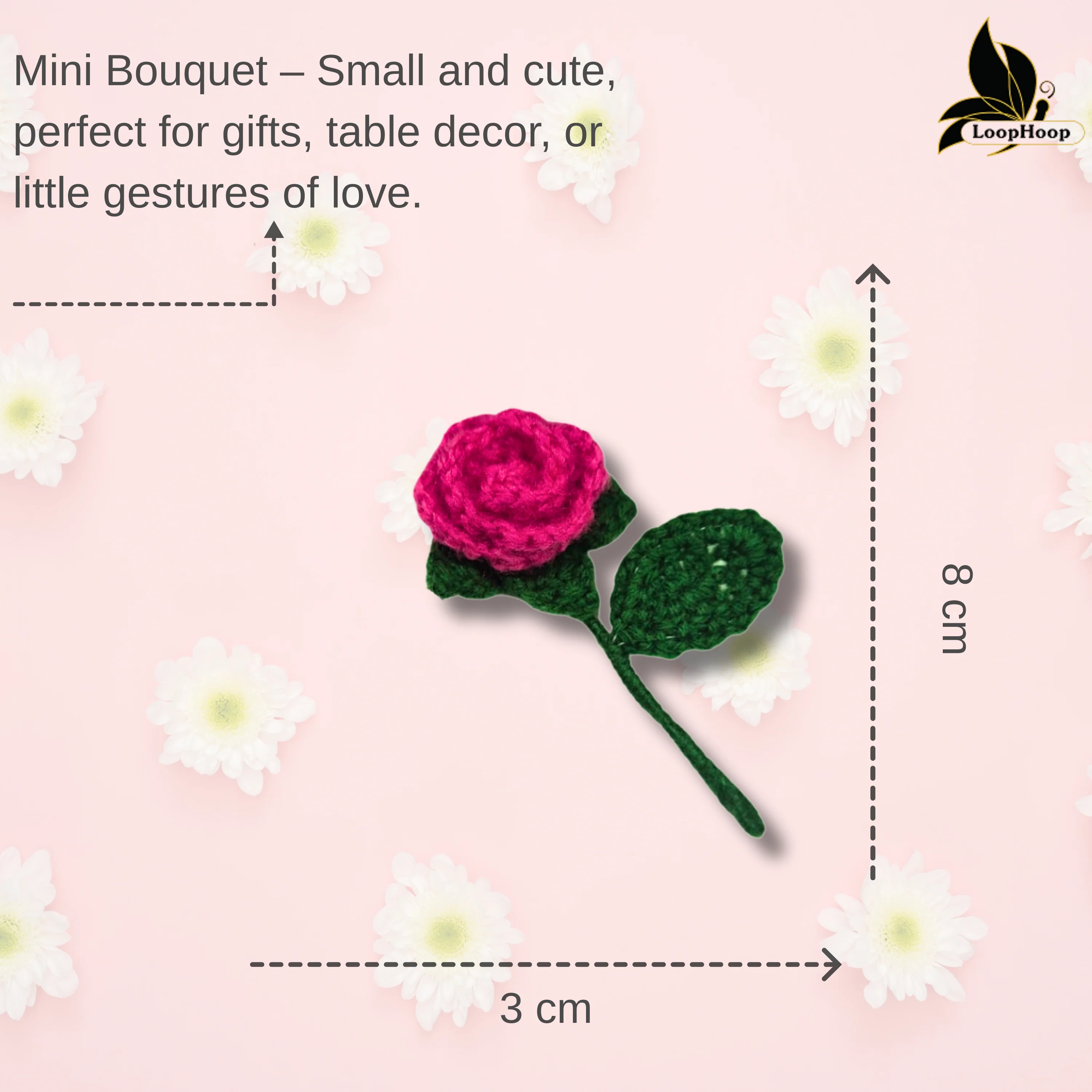 Crochet Handmade Pink Rose Fridge Magnet (1 steam) - Image 4