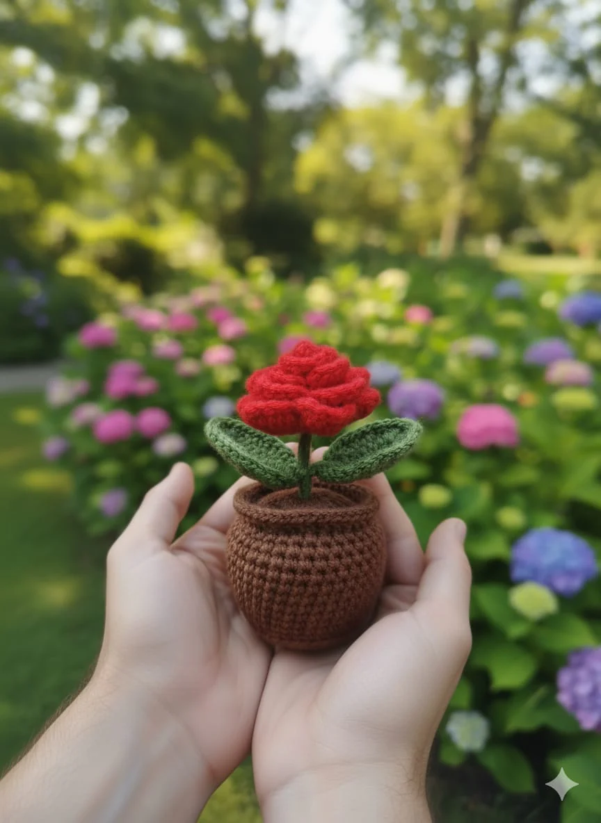 Crochet Handmade Red Rose Pot