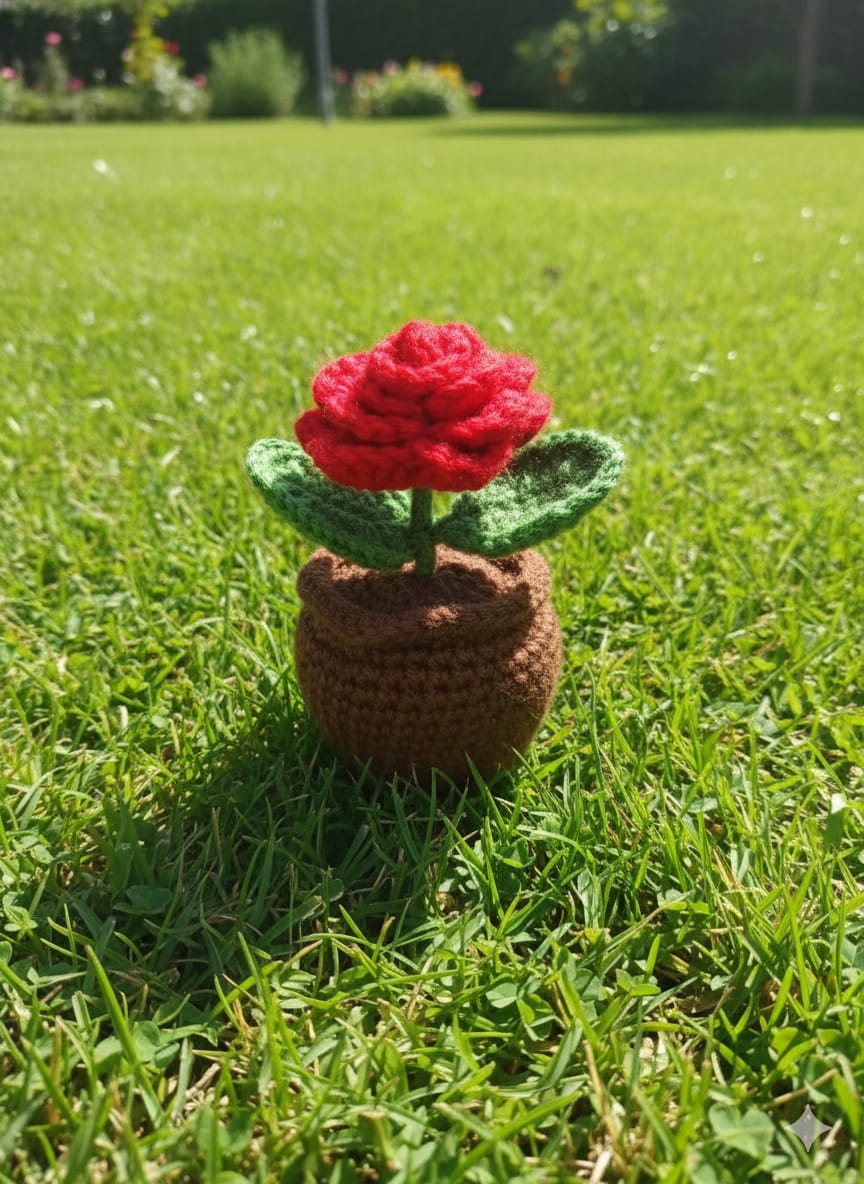 Crochet Handmade Red Rose Pot - Image 3