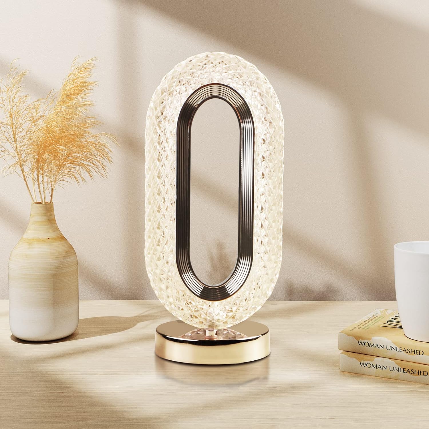 Crysta: Dimmable Touch Control Crystal Table Lamp with USB Rechargeable LED & Elegant Oval Design for Home, Bedroom & Décor