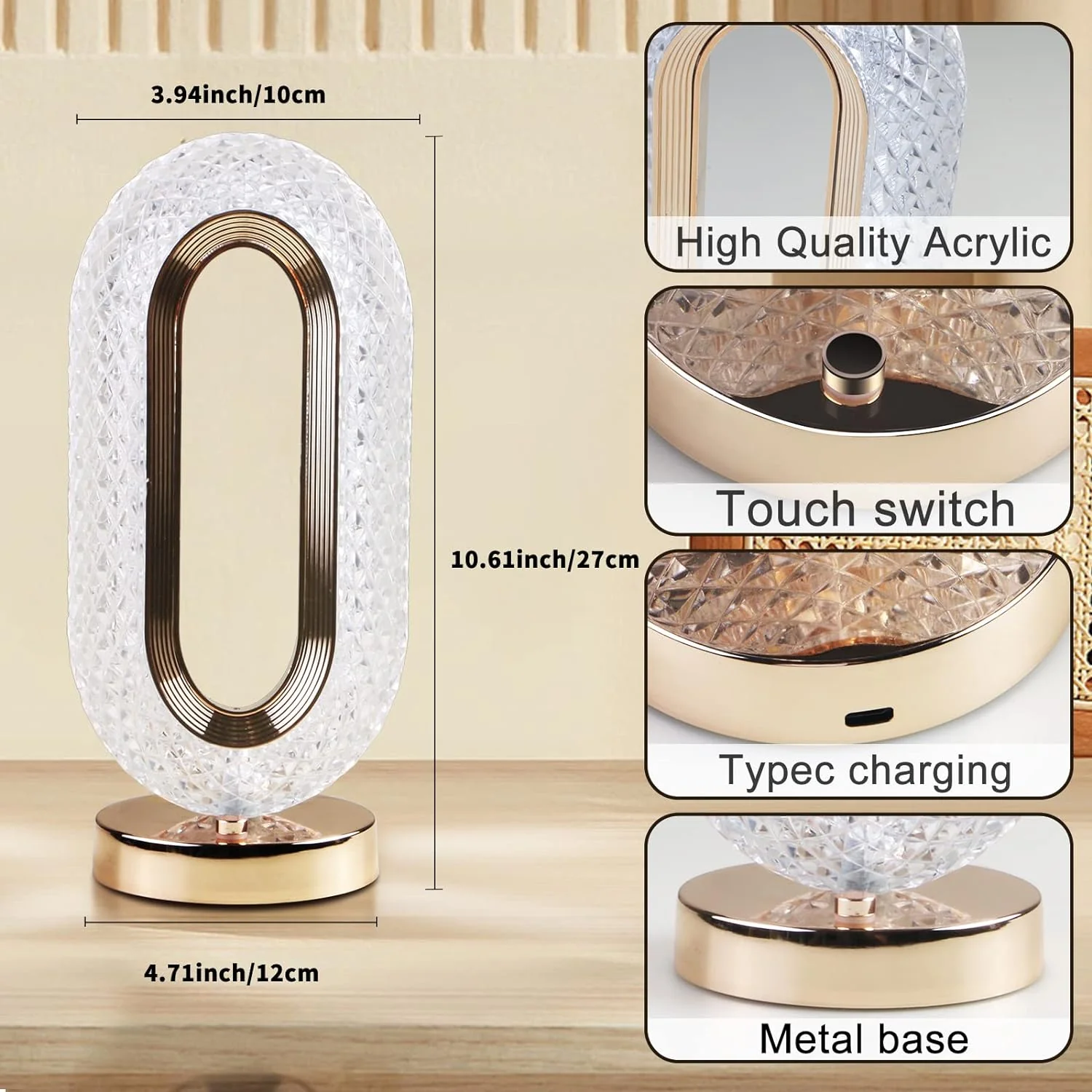 Crysta: Dimmable Touch Control Crystal Table Lamp with USB Rechargeable LED & Elegant Oval Design for Home, Bedroom & Décor - Image 6