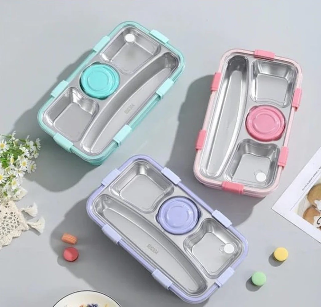 CuddleNest 3 Compartment Stainless Steel Lunch Box with Extra Sauce Bowl | Leakproof Bento Tiffin for Kids & Office | Durable, Cute, Easy-to-Carry Lunch Container - Image 4