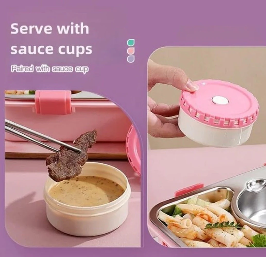 CuddleNest 3 Compartment Stainless Steel Lunch Box with Extra Sauce Bowl | Leakproof Bento Tiffin for Kids & Office | Durable, Cute, Easy-to-Carry Lunch Container - Image 6