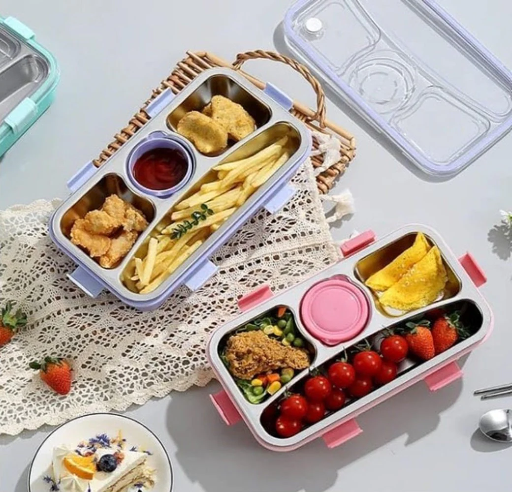 CuddleNest 3 Compartment Stainless Steel Lunch Box with Extra Sauce Bowl | Leakproof Bento Tiffin for Kids & Office | Durable, Cute, Easy-to-Carry Lunch Container - Image 7