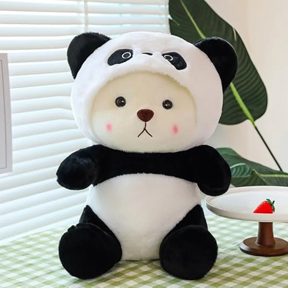 CuddleNest 40 cm Plush Bear in Panda Costume with Cap – Ultra-Soft Stuffed Animal Toy for Kids, Black & White Cuddly Friend for Gifting and Snuggles - Image 5