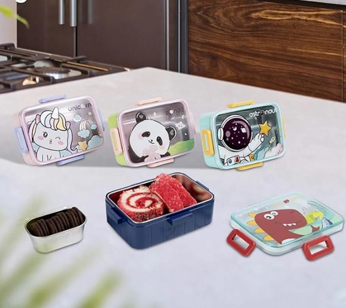 CuddleNest Kids Cartoon Lunch Box – 600ml + 100ml Stainless Steel Tiffin with Extra Bowl | Leakproof, BPA-Free & Cute Designs (Dino, Unicorn, Panda, Space) - Image 24