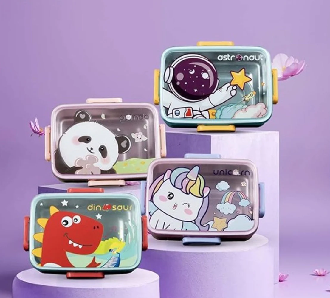 CuddleNest Kids Cartoon Lunch Box – 600ml + 100ml Stainless Steel Tiffin with Extra Bowl | Leakproof, BPA-Free & Cute Designs (Dino, Unicorn, Panda, Space) - Image 25