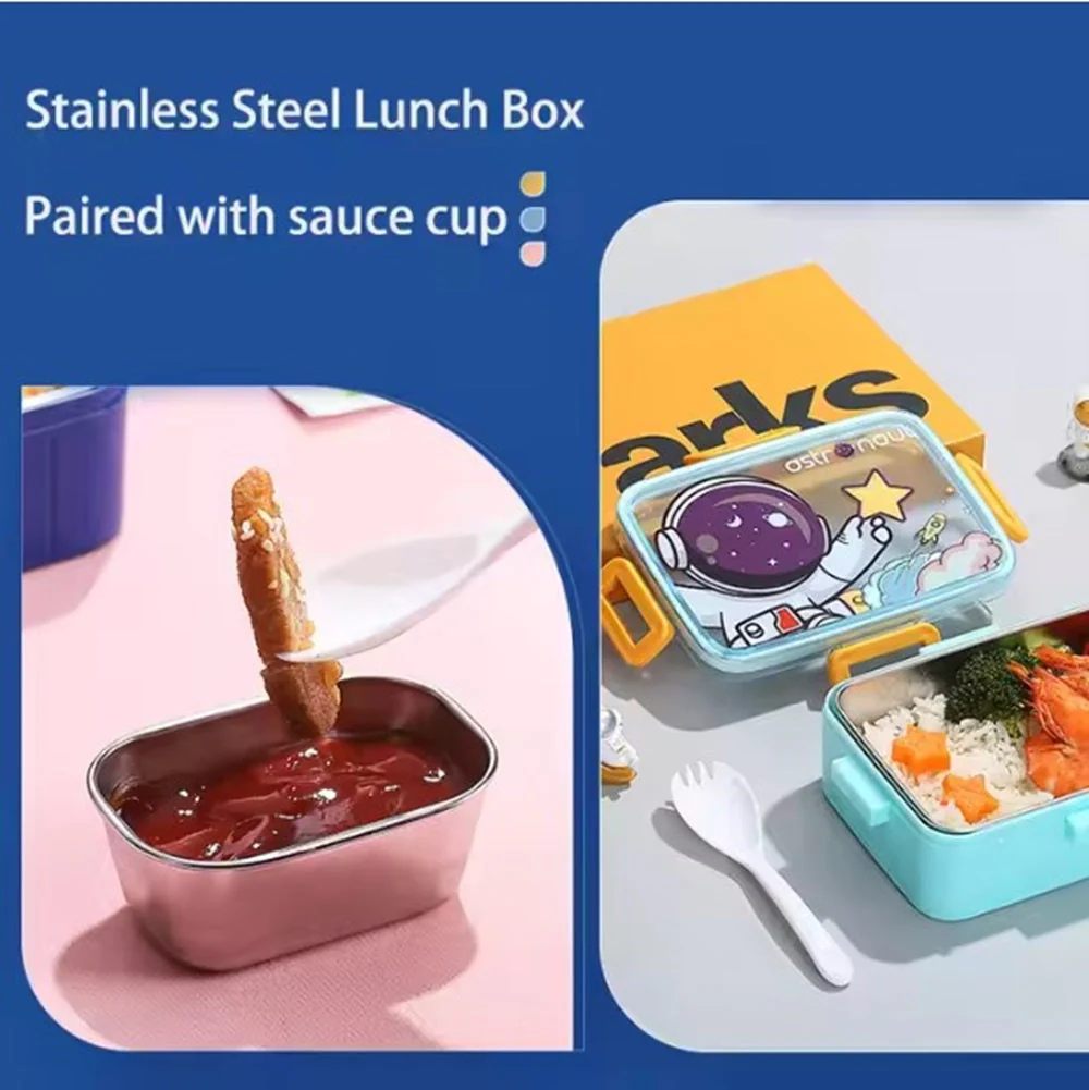 CuddleNest Kids Cartoon Lunch Box – 600ml + 100ml Stainless Steel Tiffin with Extra Bowl | Leakproof, BPA-Free & Cute Designs (Dino, Unicorn, Panda, Space) - Image 9
