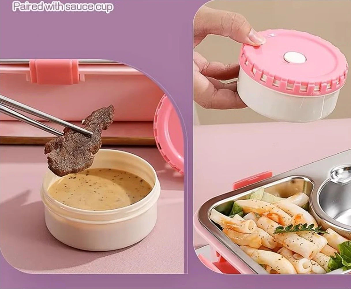 CuddleNest Stainless Steel Lunch Box with 3 Compartments (650ml + 150ml), Spoon & Chopsticks | Leakproof Thermal Tiffin for Kids & Office - Image 11