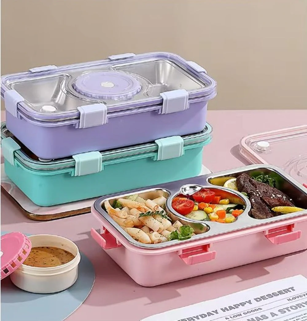 CuddleNest Stainless Steel Lunch Box with 3 Compartments (650ml + 150ml), Spoon & Chopsticks | Leakproof Thermal Tiffin for Kids & Office - Image 5