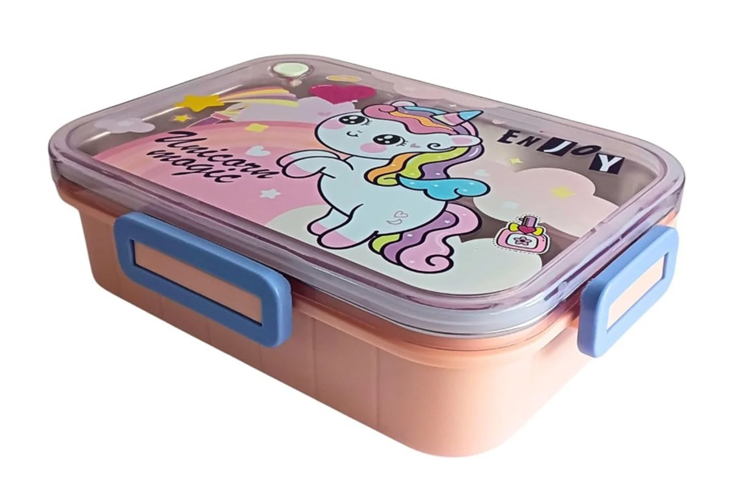 CuddleNest Steel Lunch Box 750 ml | 3 Compartment Bento Style Tiffin with Spoon & Chopsticks | Leakproof, BPA-Free, Space Astronaut/Unicorn magic Theme - Image 2