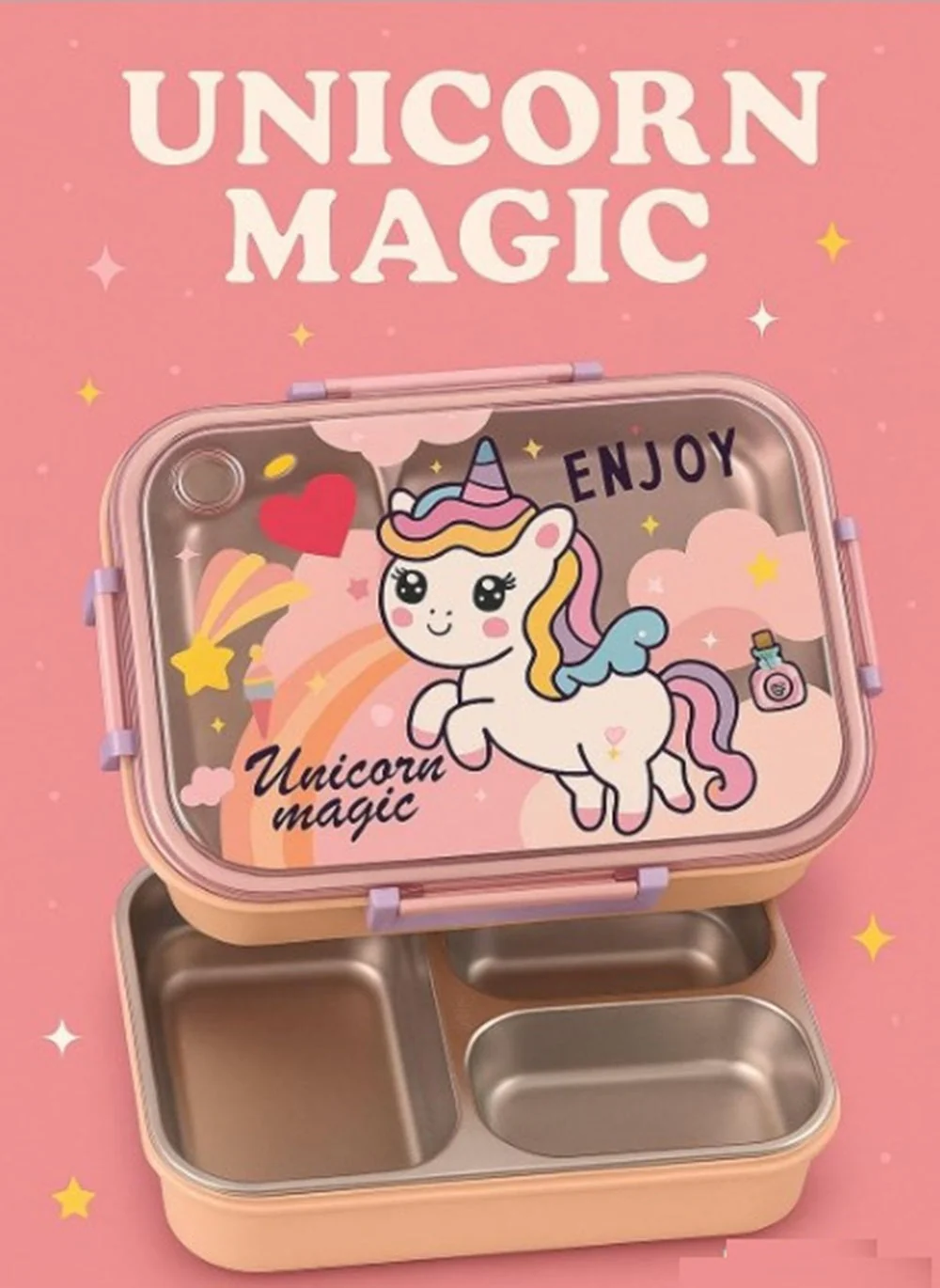 CuddleNest Steel Lunch Box 750 ml | 3 Compartment Bento Style Tiffin with Spoon & Chopsticks | Leakproof, BPA-Free, Space Astronaut/Unicorn magic Theme - Image 21