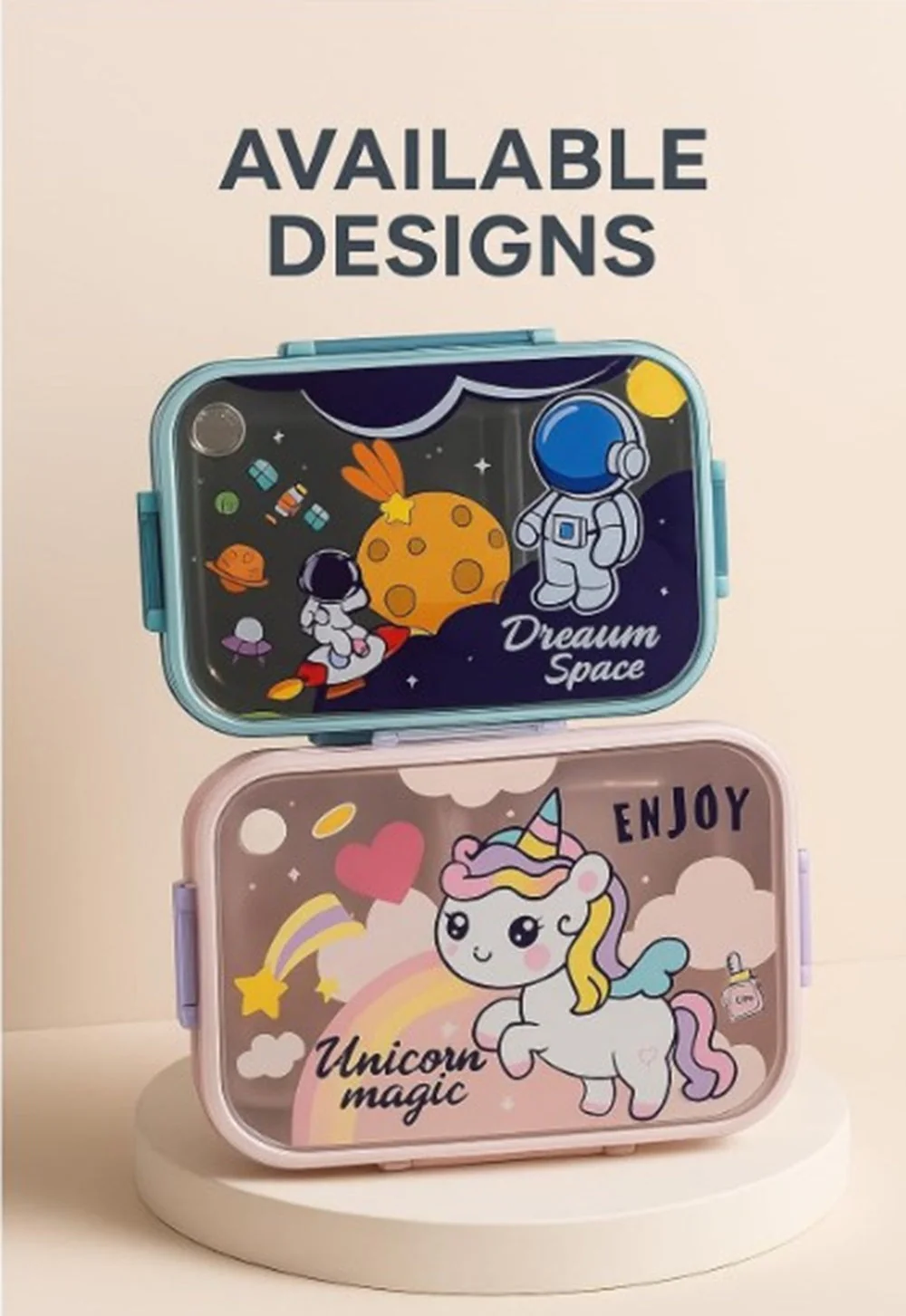 CuddleNest Steel Lunch Box 750 ml | 3 Compartment Bento Style Tiffin with Spoon & Chopsticks | Leakproof, BPA-Free, Space Astronaut/Unicorn magic Theme - Image 3