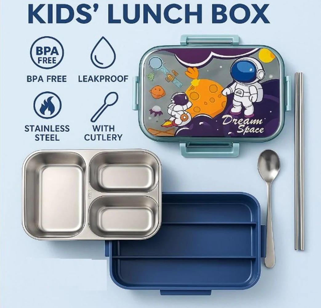 CuddleNest Steel Lunch Box 750 ml | 3 Compartment Bento Style Tiffin with Spoon & Chopsticks | Leakproof, BPA-Free, Space Astronaut/Unicorn magic Theme - Image 7