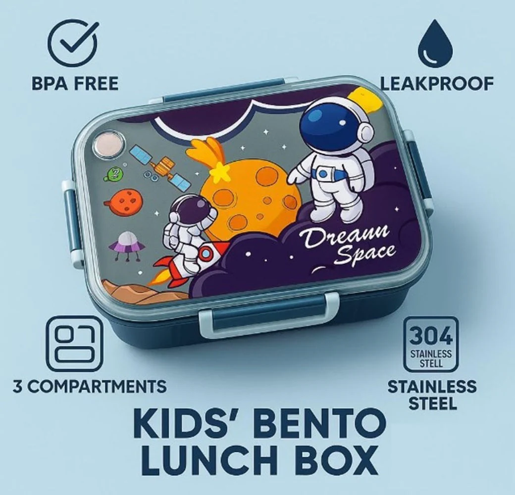 CuddleNest Steel Lunch Box 750 ml | 3 Compartment Bento Style Tiffin with Spoon & Chopsticks | Leakproof, BPA-Free, Space Astronaut/Unicorn magic Theme - Image 8