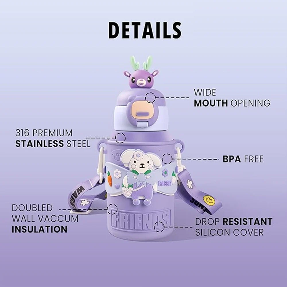 Cute Purple Rabbit Kids Water Bottle – 450ml, Vacuum Insulated, Leak-Proof, Steel Inside, with Straw & Sipper – Perfect Gift for School & Playdates - Image 3