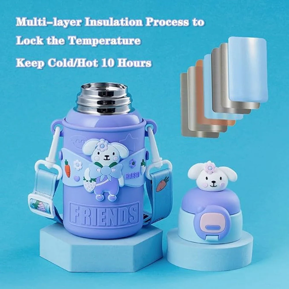 Cute Purple Rabbit Kids Water Bottle – 450ml, Vacuum Insulated, Leak-Proof, Steel Inside, with Straw & Sipper – Perfect Gift for School & Playdates - Image 4