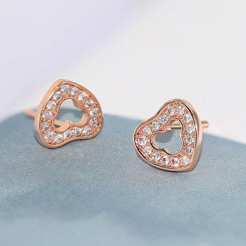 Cute Simple Design Cubic Zirconia Heart-Shaped Stud Earrings For Women/Girls, Zircon Alloy Love Shape Earring - Image 2