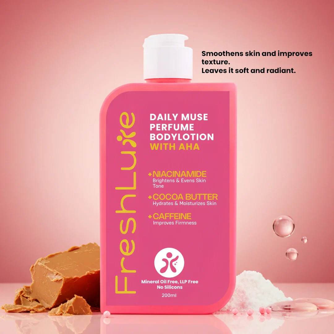 Daily Muse Perfume Body Lotion with Shea Butter & Cocoa Butter | Niacinamide, Caffeine, Glycolic & Lactic Acid | Deep Moisturising Brightening Body Lotion for Dry Skin | Long-Lasting Fragrance | Men & Women | 200ml